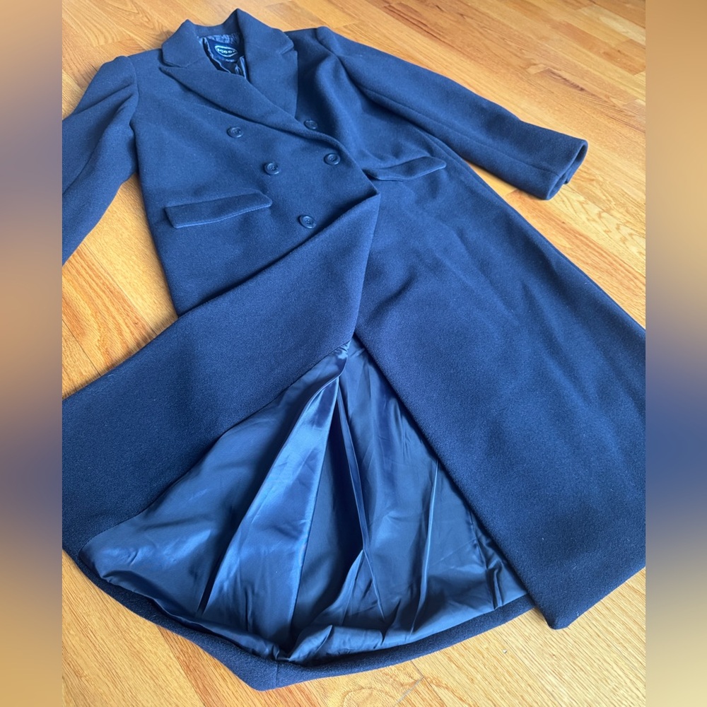 Elegant Navy Double-Breasted Coat Scoop Womens Faux Wool Long Coat S 4-6 New